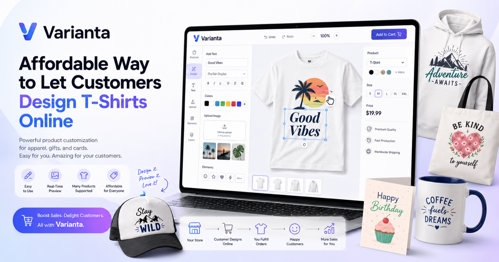 Varianta visual editor letting a customer design a custom t-shirt online, with product mockups for hoodies, mugs, tote bags, cards, and caps