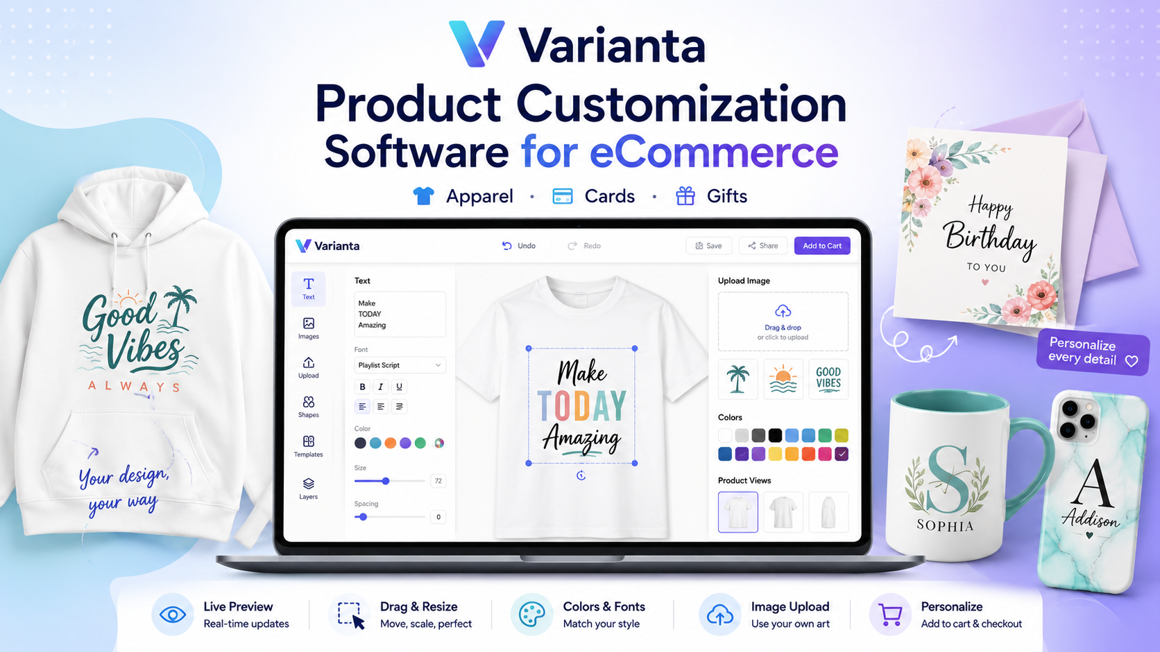 Varianta product customization software for eCommerce — a real-time visual editor on a laptop with the Apparel, Cards, and Gifts categories and product mockups for t-shirts, mugs, cards, and phone cases